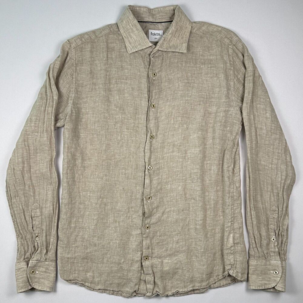 Fakts Slim Fit Linen Shirt Large Beige Long Sleeve Button Up